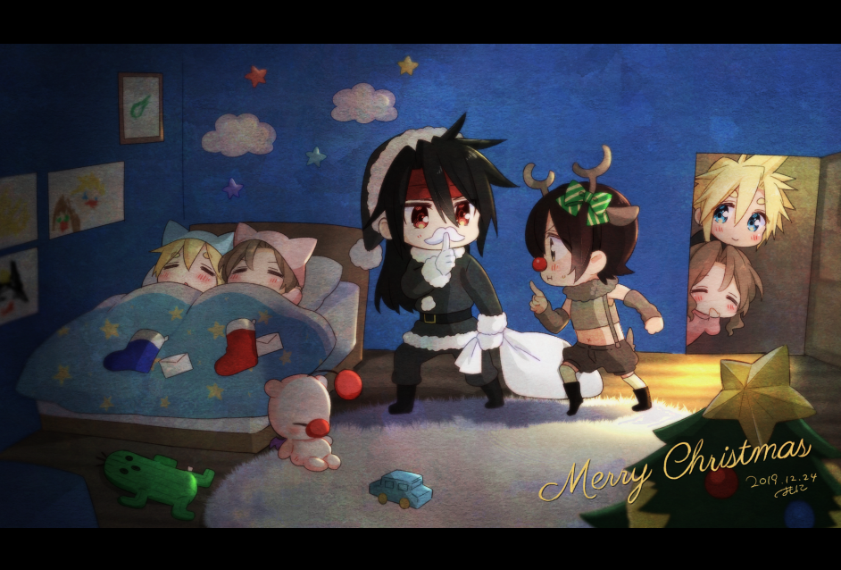 3boys 3girls aerith_gainsborough alternate_costume animal_ear_headwear antlers artist_name black_hair black_headwear black_jacket black_pants blonde_hair blue_eyes bow brother_and_sister brown_hair chibi christmas closed_eyes cloud_strife crop_top dated drawing fake_facial_hair fake_mustache female_child final_fantasy final_fantasy_vii finger_to_mouth fur_trim green_bow hair_between_eyes hair_bow hat if_they_mated indoors jacket krudears leaning_forward long_hair male_child merry_christmas moogle multiple_boys multiple_girls on_bed pants parent_and_child red_eyes red_nose reindeer_antlers rug sabotender santa_hat short_hair siblings sleeping spiky_hair striped striped_bow toy_car under_covers vincent_valentine yuffie_kisaragi