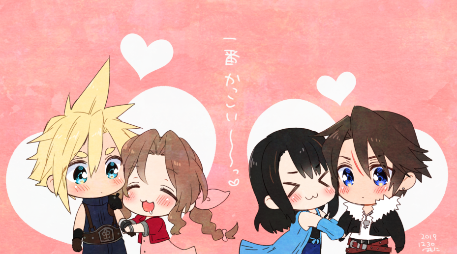 &gt;_&lt; 2boys 2girls :3 aerith_gainsborough aqua_eyes arm_warmers armor bangle bangs bare_shoulders black_hair black_jacket blonde_hair blue_cardigan blue_eyes blue_pants blue_shirt blush bracelet braid braided_ponytail brown_hair cardigan chain_necklace chibi closed_eyes cloud_strife couple cropped_jacket dress drooling earrings final_fantasy final_fantasy_vii final_fantasy_viii fur-trimmed_jacket fur_trim gloves hair_between_eyes hair_ribbon heart hetero holding_hands jacket jewelry krudears long_hair mouth_drool multicolored_hair multiple_boys multiple_girls necklace open_mouth pants parted_bangs pink_background pink_dress pink_ribbon red_jacket ribbon rinoa_heartilly scar scar_on_face scar_on_forehead shirt short_hair short_sleeves shoulder_armor sidelocks single_earring smile spiky_hair squall_leonhart streaked_hair suspenders thick_eyebrows upper_body white_shirt x3