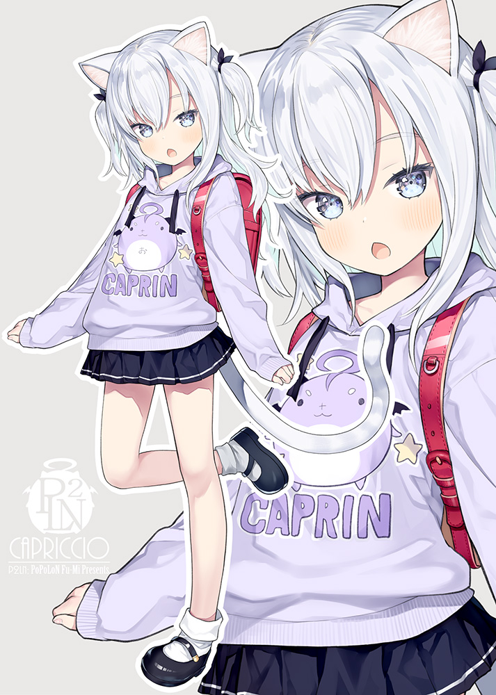 1girl artist_name backpack bag black_footwear black_skirt blush capriccio cherry_blossoms clothes_writing commentary_request drawstring grey_background grey_eyes grey_hair hood hood_down hoodie long_hair long_sleeves looking_at_viewer multiple_views open_mouth original outline pleated_skirt puffy_long_sleeves puffy_sleeves purple_hoodie randoseru shoes simple_background skirt sleeves_past_wrists socks standing standing_on_one_leg star_(symbol) two_side_up very_long_hair white_outline white_socks