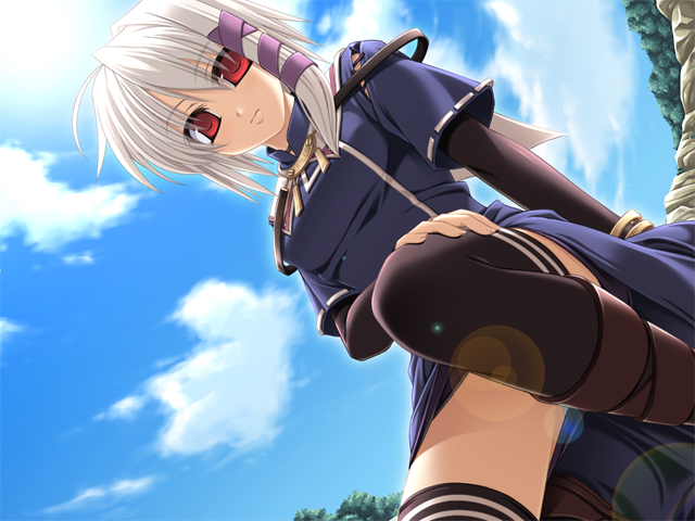 1girl bangs black_thighhighs blaze_of_destiny_ii_-_the_beginning_of_the_fate blue_dress blue_sky bracelet closed_mouth clouds day dress from_below game_cg hair_between_eyes hair_ribbon hand_on_thighs jewelry layered_sleeves leiria_(blaze_of_destiny) lens_flare long_hair long_sleeves looking_at_viewer ninozen outdoors purple_ribbon red_eyes ribbon ribbon-trimmed_sleeves ribbon_trim sailor_collar sailor_dress short_over_long_sleeves short_sleeves sky solo thigh-highs white_hair white_sailor_collar