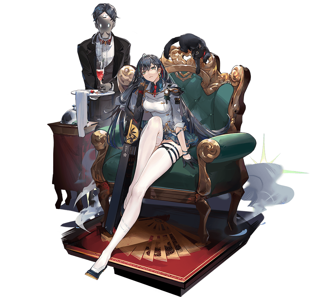 1girl black_hair butler cat chair lin_(tower_of_fantasy) long_hair official_art on_chair sitting tachi-e thigh-highs tower_of_fantasy transparent_background