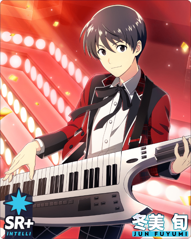 1boy bangs black_bow black_bowtie black_eyes black_hair bow bowtie buttons card_(medium) character_name collared_shirt fingernails fuyumi_jun idolmaster idolmaster_side-m idolmaster_side-m_growing_stars instrument keytar long_sleeves looking_at_viewer male_focus music official_art playing_instrument shirt short_hair smile solo third-party_source