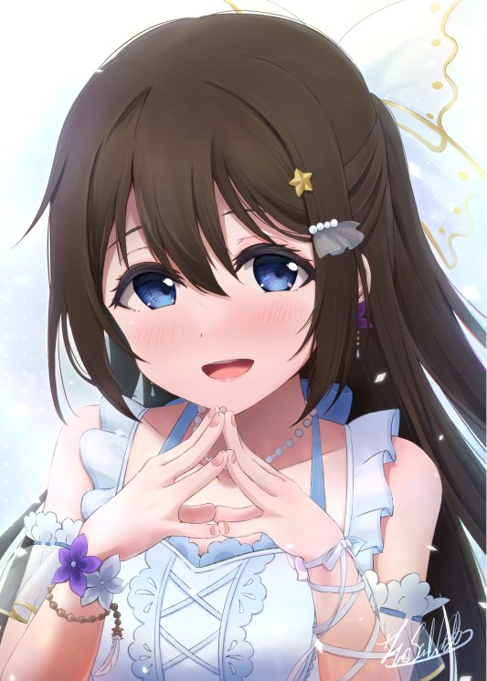 1girl :d anata_no_risou_no_heroine arm_garter bangs blue_dress blue_eyes blush bow bracelet brown_hair cross-laced_clothes cross-laced_dress dress earrings flower flower_bracelet flower_earrings frilled_dress frilled_straps frills hair_between_eyes hair_bow hair_ornament hairclip half_updo jewelry lace-trimmed_dress lace_trim long_hair looking_at_viewer love_live! love_live!_nijigasaki_high_school_idol_club love_live!_school_idol_festival_all_stars necklace open_mouth ousaka_shizuku pearl_necklace ponytail satolive20 signature smile solo star_(symbol) star_hair_ornament steepled_fingers upper_body white_bow