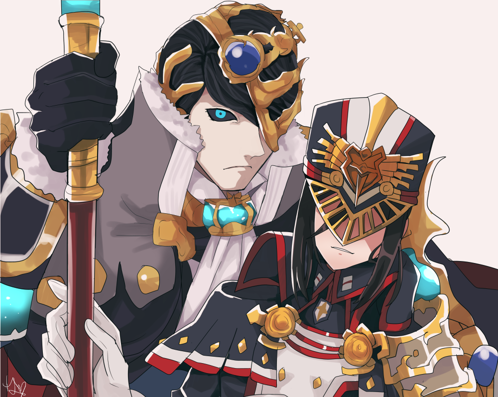 1boy 1girl :d black_coat black_gloves black_sclera blue_eyes brown_hair closed_mouth coat colored_sclera dagas_(xenoblade) gloves hat holding holding_polearm holding_weapon long_sleeves looking_at_viewer military military_hat military_uniform morag_ladair_(xenoblade) polearm rem_(eyes_410) shaded_face simple_background smile uniform upper_body weapon white_background white_gloves xenoblade_chronicles_(series) xenoblade_chronicles_2