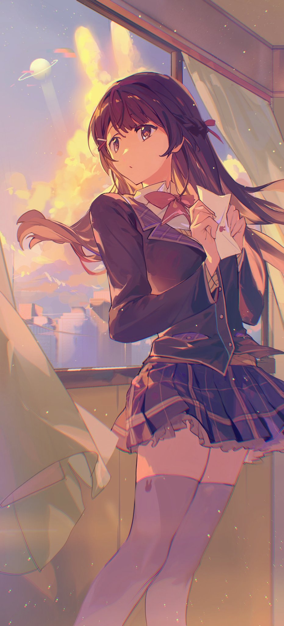 1girl black_hair black_jacket black_skirt blazer braid commentary_request curtains french_braid frilled_skirt frills hair_ribbon highres holding holding_letter indoors jacket letter long_hair long_sleeves looking_outside nashinashi nijisanji pink_ribbon plaid plaid_skirt planet pleated_skirt ribbon school_uniform skirt solo thigh-highs tsukino_mito very_long_hair virtual_youtuber white_thighhighs window