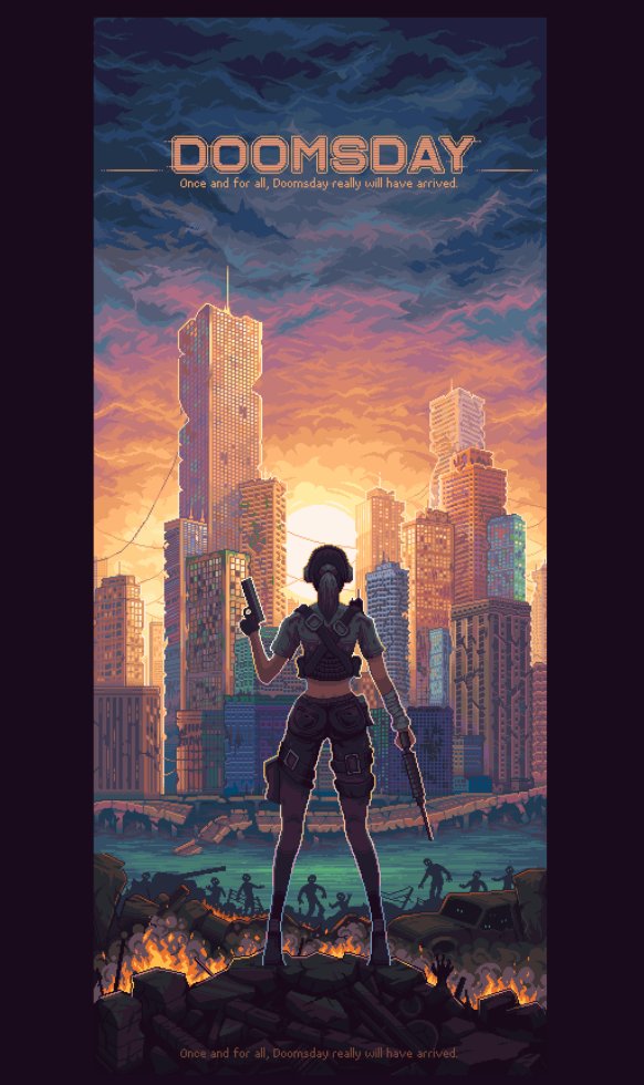 1girl 6+others black_hair black_pants building clouds cloudy_sky commission fire from_behind full_body grey_shirt gun holding holding_gun holding_weapon midriff multiple_others original pants pixel_art ponytail ruins shirt shoes sky skyscraper sunset thigh-highs weapon yiye