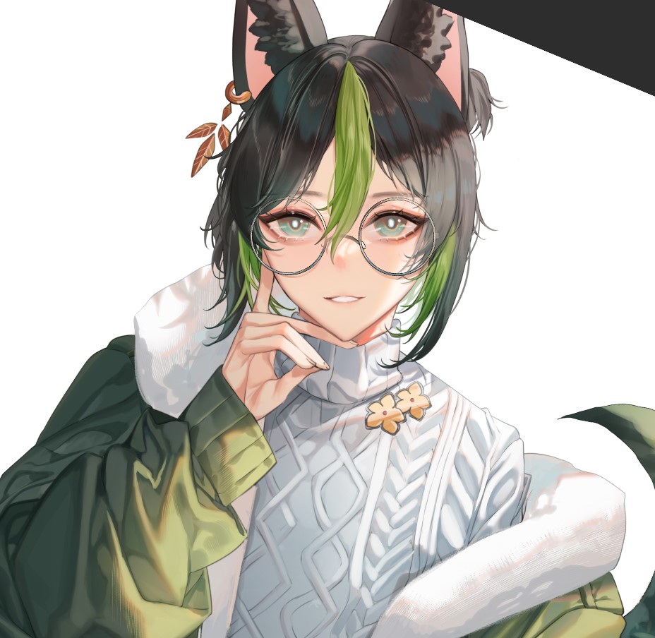 1boy animal_ears bishounen fox_boy fox_ears genshin_impact glasses green_eyes green_hair hand_on_eyewear male_focus multicolored_hair shei99 simple_background smile solo streaked_hair sweater tighnari_(genshin_impact) upper_body white_background