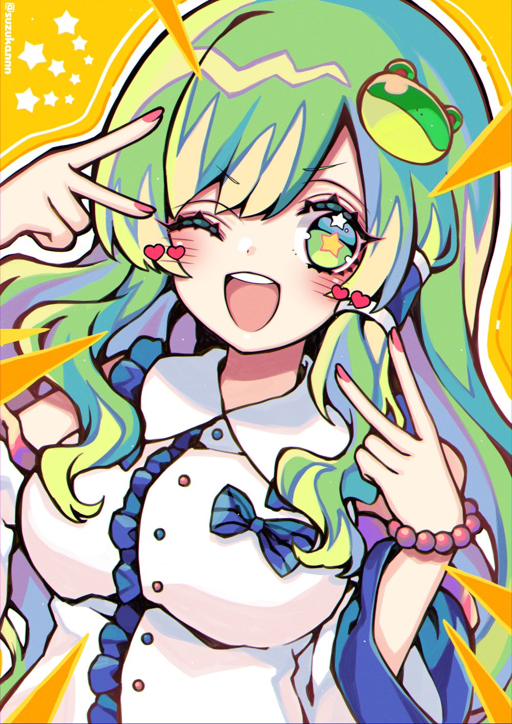 1girl ;d artist_name bangs bead_bracelet beads blush bracelet collared_shirt detached_sleeves double_v frilled_shirt frills frog_hair_ornament green_eyes green_hair hair_ornament heart highres jewelry kochiya_sanae kyouda_suzuka long_hair looking_at_viewer one_eye_closed open_mouth puffy_short_sleeves puffy_sleeves red_nails shirt short_sleeves single_hair_tube sleeveless sleeveless_shirt smile solo star-shaped_pupils star_(symbol) star_in_eye symbol-shaped_pupils symbol_in_eye touhou upper_body v white_shirt white_sleeves