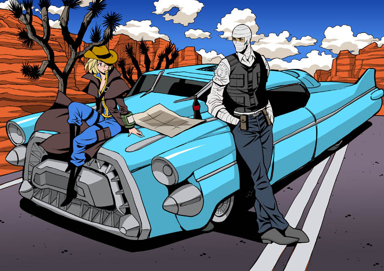 1boy 1girl bandaged_hand bandaged_head bandages bangs belt belt_pouch black_vest blonde_hair blue_sky breasts car clouds coat collared_shirt courier_(fallout_new_vegas) cowboy_hat desert fallout_(series) fallout_new_vegas ground_vehicle hands_in_pockets hat joshua_graham leaning_on_object map motor_vehicle nuka_cola open_clothes open_coat pip_boy police police_uniform pouch scar scar_on_face shirt sitting sky uniform vault_suit vest yukiyanagi