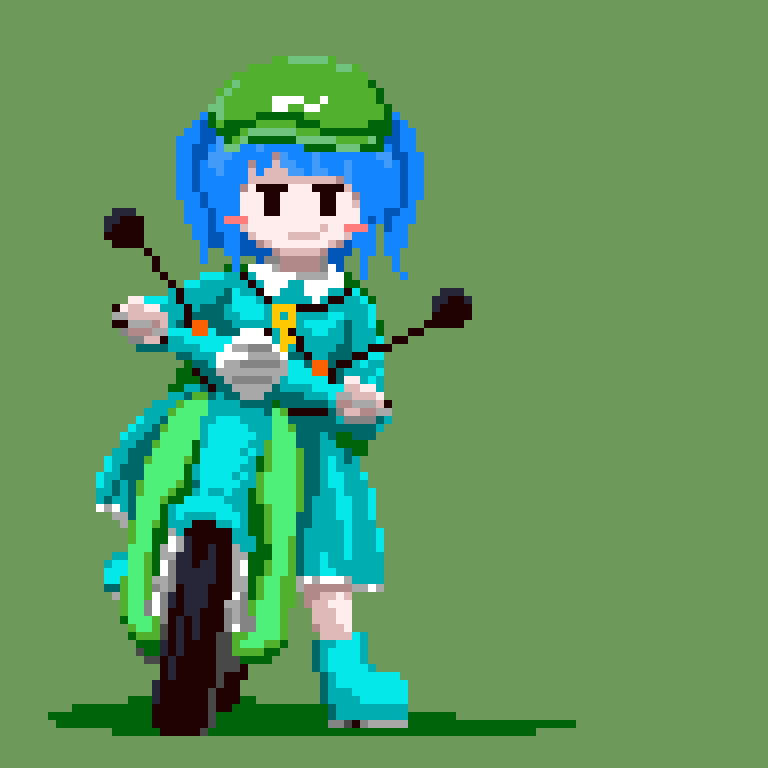 1girl aqua_boots aqua_dress aqua_footwear blue_hair blush_stickers closed_mouth dress flat_cap full_body green_background green_headwear hat honda_super_cub james_at_pi_(fuwafuwacatgirl) kawashiro_nitori key looking_at_viewer medium_hair pixel_art simple_background smile solo touhou