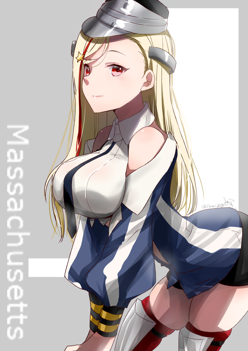 1girl black_necktie black_skirt blonde_hair blue_jacket boots breasts collared_shirt hair_ornament headgear highres jacket kantai_collection kimura_shiki large_breasts long_hair massachusetts_(kancolle) miniskirt multicolored_clothes multicolored_hair multicolored_jacket necktie one-hour_drawing_challenge red_eyes redhead shirt skirt sleeveless sleeveless_shirt smile solo star_(symbol) star_hair_ornament streaked_hair thigh_boots white_jacket white_shirt