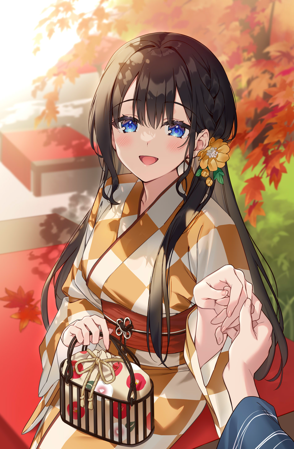 1boy 1girl :d bag bangs black_hair blue_eyes blue_kimono blurry blurry_background blush breasts checkered_clothes checkered_kimono commentary_request cover cover_page day dengeki_bunko flower hair_flower hair_ornament hair_over_shoulder hetero highres holding holding_bag holding_hands japanese_clothes kimono kuroki_(ma-na-tu) long_hair medium_breasts novel_cover novel_illustration obi official_art on_bench open_mouth orange_kimono outdoors pov sash shiny shiny_hair sidelocks sitting smile solo_focus sunlight tree white_kimono yellow_flower yukata