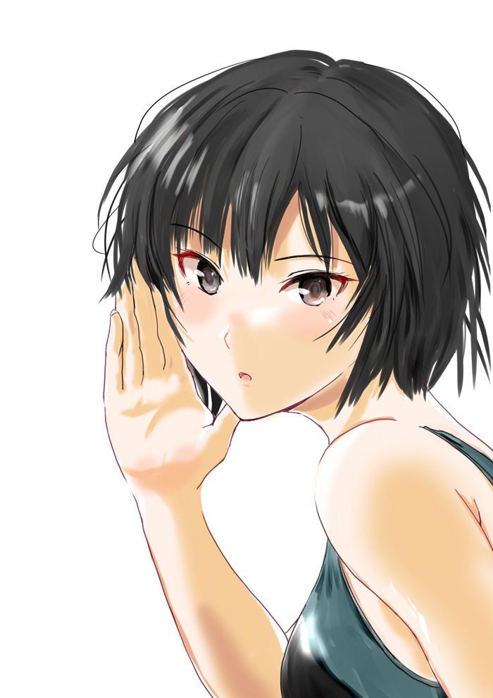 1girl amagami bangs black_hair black_one-piece_swimsuit blue_one-piece_swimsuit brown_eyes close-up commentary competition_swimsuit from_side hair_between_eyes hand_to_own_face hand_up light_blush looking_at_viewer looking_to_the_side murasaki_iro nanasaki_ai one-piece_swimsuit open_mouth portrait short_hair simple_background solo swimsuit whispering white_background