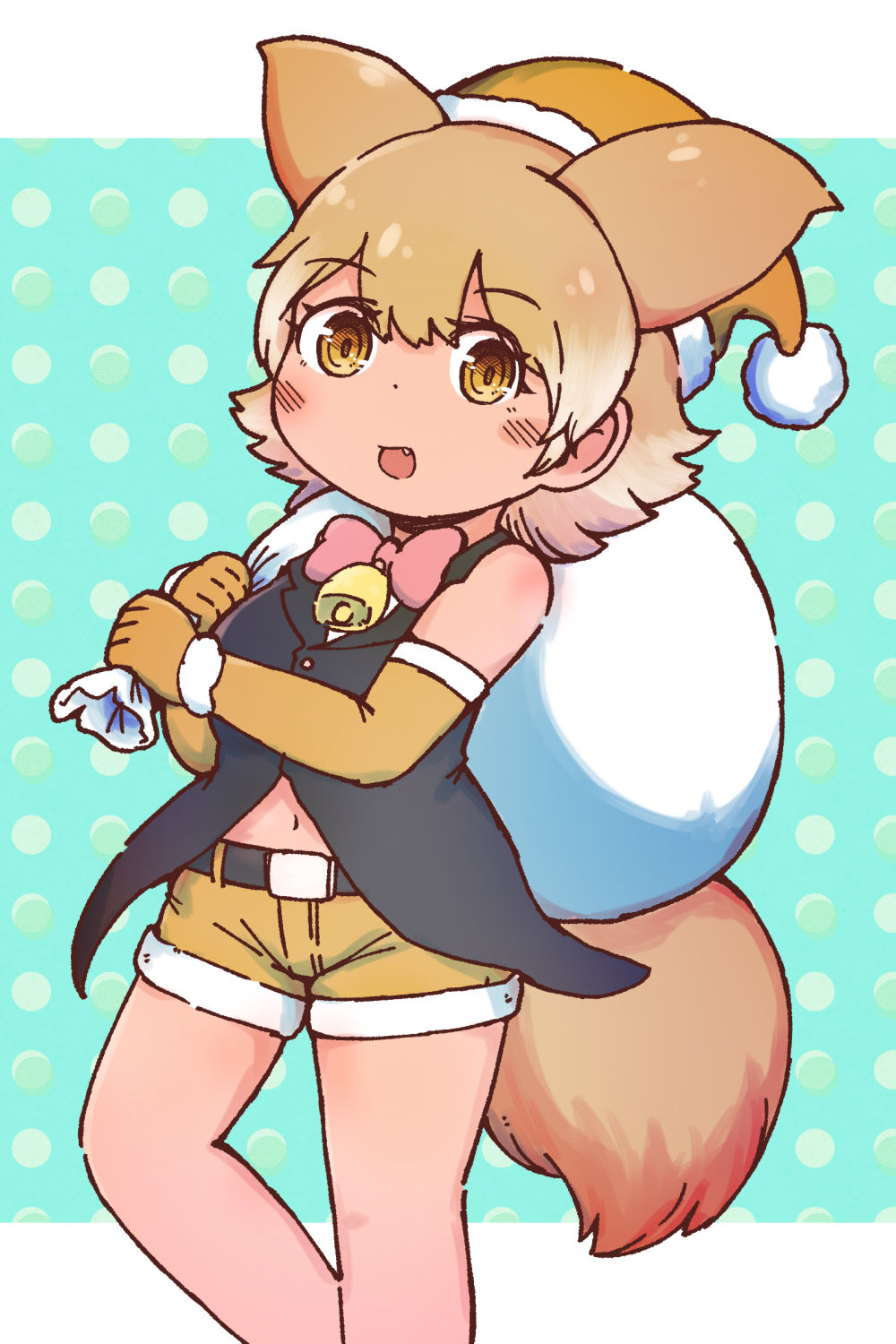 1girl alternate_costume animal_ears bell black_vest blonde_hair blush bow bowtie brown_headwear brown_shorts coattails commentary_request cowboy_shot coyote_(kemono_friends) extra_ears fur_trim hat highres kemono_friends looking_at_viewer midriff_peek multicolored_hair navel neck_bell numazoko_namazu red_bow red_bowtie santa_hat short_hair short_shorts shorts sleeveless solo tail vest white_hair wolf_ears wolf_girl wolf_tail yellow_eyes