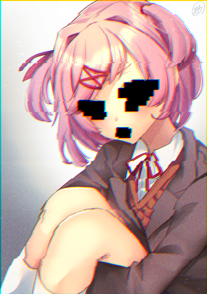 1girl :&lt; artist_name bangs blazer blush brown_sweater_vest chromatic_aberration commentary doki_doki_literature_club dress_shirt film_grain glitch gradient gradient_background grey_jacket hair_ornament hair_ribbon horror_(theme) hugging_own_legs jacket knees_up light_frown looking_at_viewer natsuki_(doki_doki_literature_club) neck_ribbon no_eyes no_mouth on_ground pink_hair red_ribbon ribbon school_uniform shirt signature sitting socks solo spoilers sunabasan sweatdrop sweater_vest swept_bangs tsundere two_side_up v-shaped_eyebrows white_background white_shirt white_socks x_hair_ornament