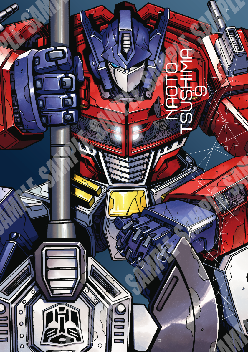 artist_name autobot axe battle_axe blue_background blue_eyes cover cover_page doujin_cover holding holding_axe leaning_forward looking_at_viewer mecha no_humans optimus_prime robot sample_watermark science_fiction straight-on transformers tsushima_naoto watermark weapon