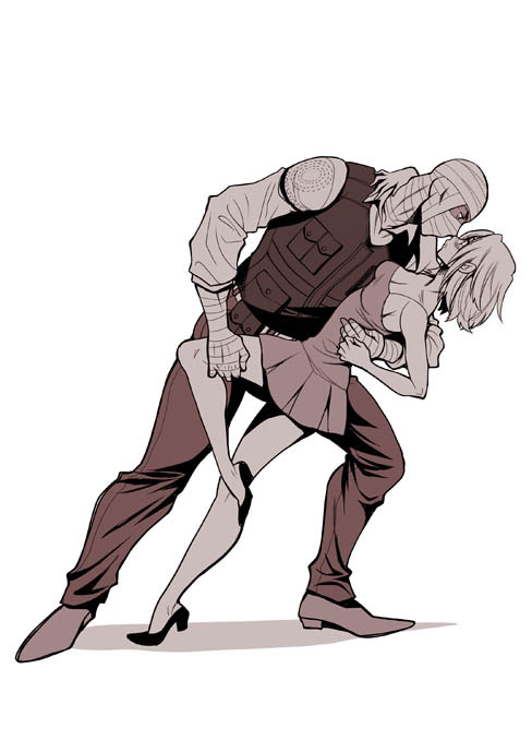 1boy 1girl bandaged_hand bandaged_head bandages bangs belt black_vest blonde_hair breasts collared_shirt courier_(fallout_new_vegas) dancing dress fallout_(series) fallout_new_vegas hand_around_neck hand_on_another's_back hand_on_another's_leg high_heels holding_another's_leg joshua_graham leaning_back looking_at_another police police_uniform scar scar_on_face shirt simple_background uniform vest white_background yukiyanagi