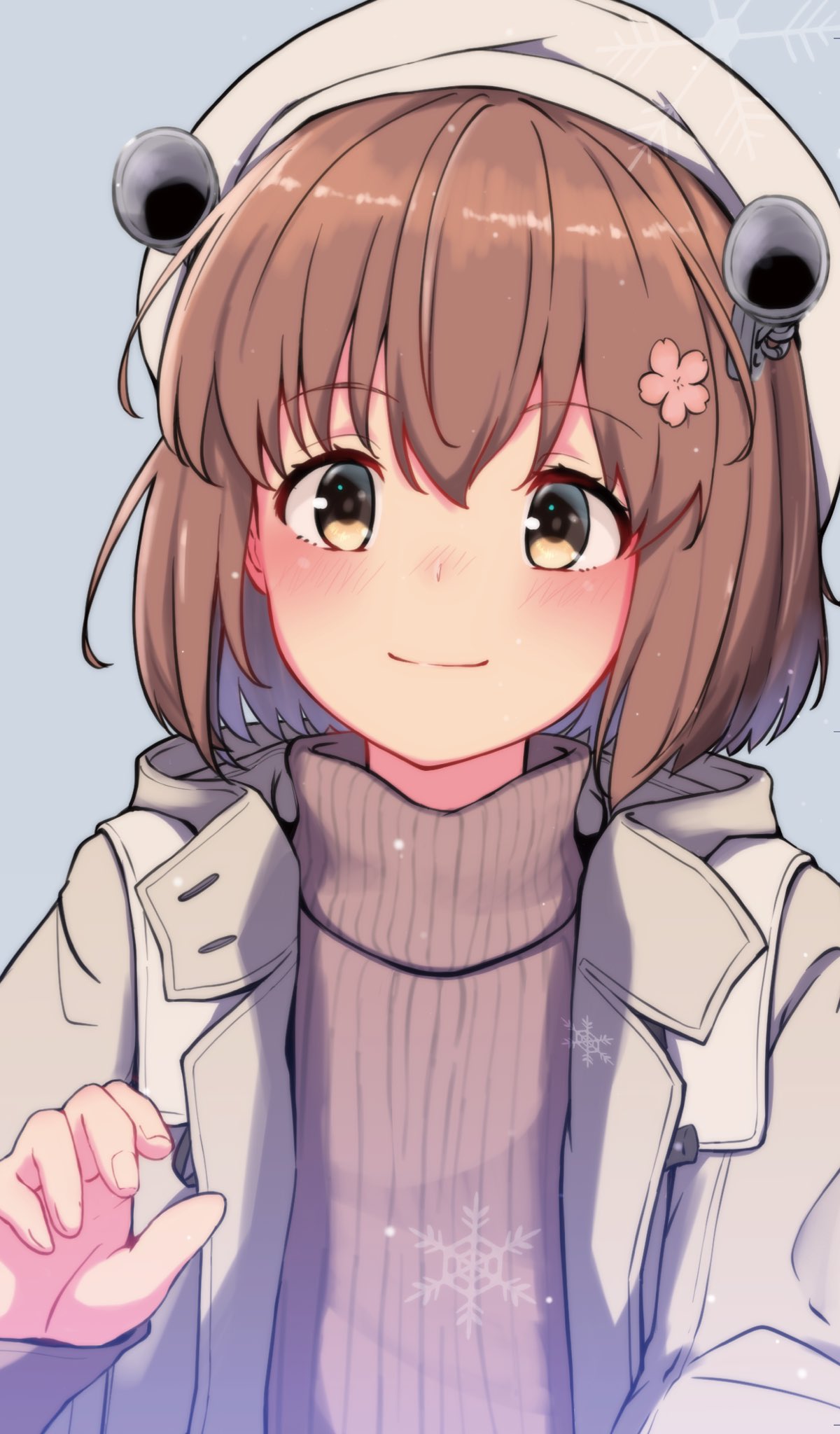 1girl blush brown_eyes brown_hair brown_sweater closed_mouth coat flower hair_between_eyes hair_flower hair_ornament hat highres kantai_collection kure_jirou long_sleeves open_clothes open_coat pink_flower short_hair smile solo sweater upper_body white_coat white_headwear yukikaze_(kancolle)