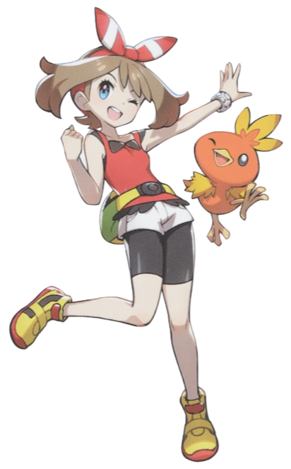 1girl blue_eyes bow brown_hair hair_bow may_(pokemon) medium_hair official_art one_eye_closed open_mouth pokemon pokemon_(game) pokemon_rse tachi-e torchic transparent_background