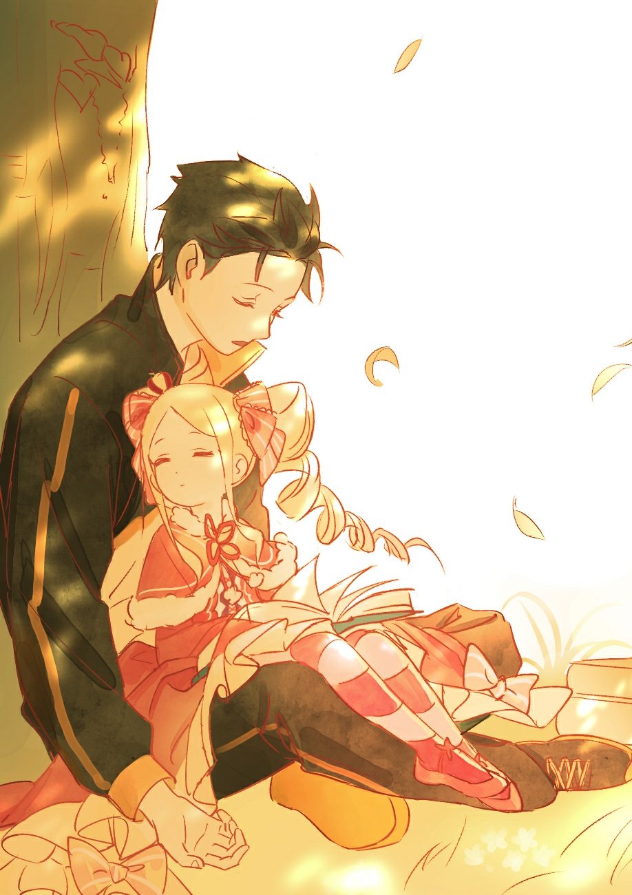 1boy 1girl against_tree bangs beatrice_(re:zero) black_footwear black_hair black_jacket black_pants blonde_hair book book_on_lap bow capelet closed_eyes crown dress dress_bow drill_hair fndlwm_re frilled_dress frills fur-trimmed_capelet fur_trim grass hair_ribbon highres jacket korean_commentary leaf light_rays long_hair mini_crown multicolored_clothes multicolored_jacket natsuki_subaru neck_ribbon open_book open_mouth pants parted_bangs pink_bow pink_ribbon re:zero_kara_hajimeru_isekai_seikatsu red_capelet red_dress ribbon shoes short_hair sidelocks sitting sitting_on_lap sitting_on_person sleeping sneakers sunbeam sunlight thigh-highs track_jacket track_pants tree twin_drills two-tone_jacket white_background white_jacket wide_sleeves wind