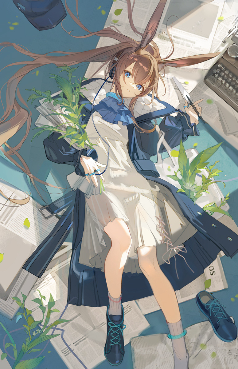 1girl amiya_(arknights) amiya_(newsgirl)_(arknights) animal_ear_fluff animal_ears arknights ascot blue_ascot blue_coat blue_eyes blue_footwear blue_headwear brown_hair chinese_commentary closed_mouth coat commentary_request dress frown full_body hat hat_removed headphones headwear_removed highres holding holding_newspaper holding_pen implied_extra_ears jewelry kumatangent long_hair long_sleeves looking_at_viewer lying multiple_rings newspaper official_alternate_costume on_back open_clothes open_coat pen plant ponytail rabbit_ears ring shoe_removed shoes socks solo typewriter very_long_hair white_dress white_socks