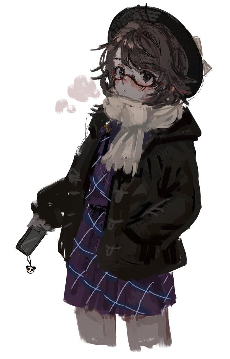 1girl :/ b_nosk101 black_headwear black_jacket blush bow brown_eyes brown_hair cellphone commentary cowboy_shot cropped_legs glasses hand_in_pocket hat hat_bow highres holding holding_phone jacket long_sleeves looking_at_viewer medium_hair nose_blush one-hour_drawing_challenge open_clothes open_jacket phone purple_skirt purple_vest red-framed_eyewear scarf semi-rimless_eyewear simple_background skirt smartphone solo touhou usami_renko vest white_background white_bow white_scarf