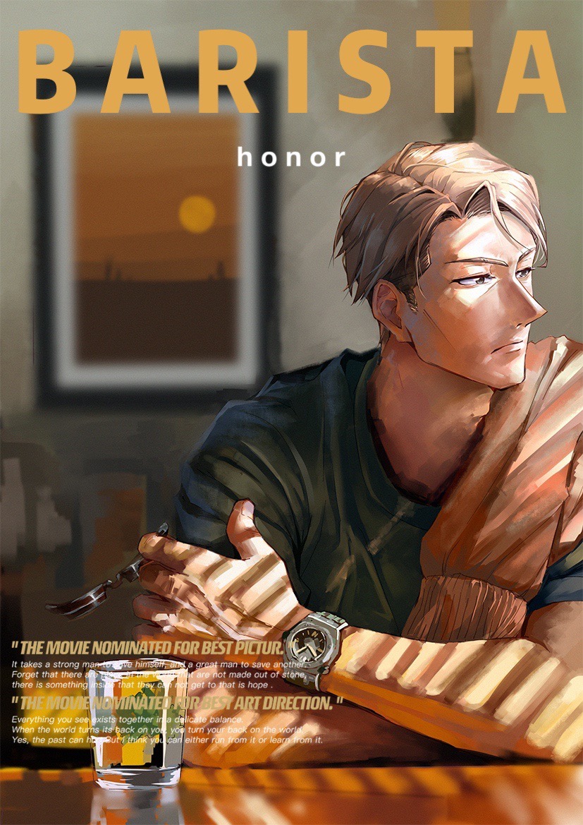 1boy alcohol blonde_hair blue_shirt brown_eyes cover cup drinking_glass fake_magazine_cover glass holding holding_eyewear indoors jujutsu_kaisen magazine_cover male_focus maoyaoyao519 nanami_kento photo_(object) picture_frame shirt short_hair short_sleeves solo sunglasses upper_body watch watch whiskey