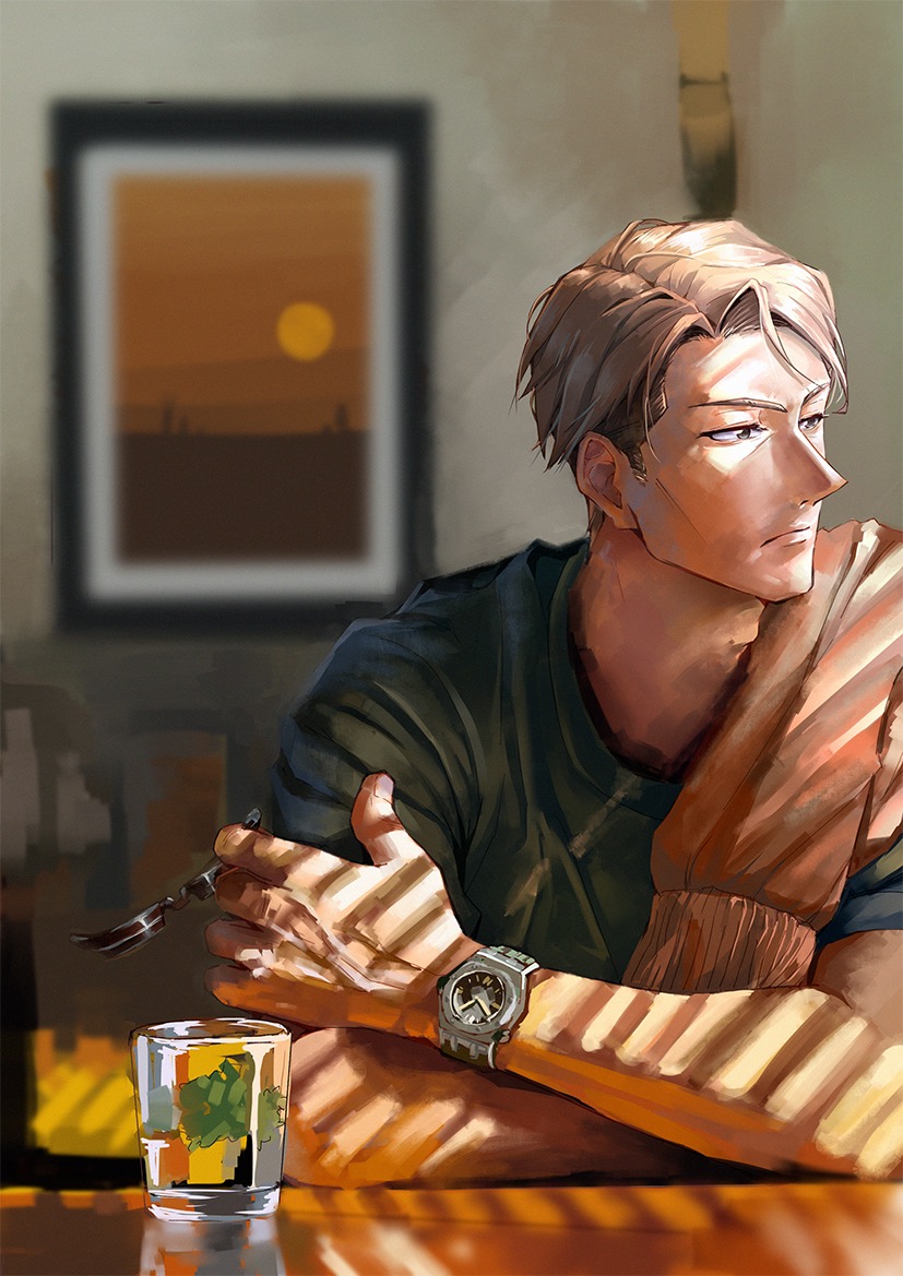 1boy alcohol blonde_hair blue_shirt brown_eyes cover cup drinking_glass glass holding holding_eyewear indoors jujutsu_kaisen male_focus maoyaoyao519 nanami_kento photo_(object) picture_frame shirt short_hair short_sleeves solo sunglasses upper_body watch watch whiskey