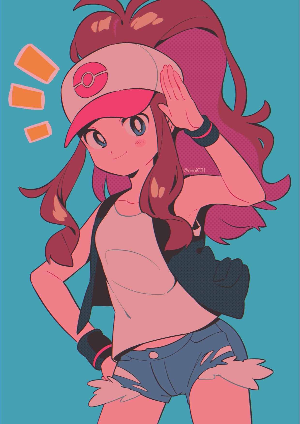 1girl antenna_hair arm_up armpits artist_name bangs black_vest blue_background blue_eyes blue_shorts blush breasts brown_hair closed_mouth collarbone grey_headwear grey_shirt hair_between_eyes hand_on_hip hand_up hat highres hilda_(pokemon) long_hair looking_at_viewer medium_breasts menma_(enaic31) multicolored_hair open_clothes open_vest pink_hair pink_headwear pokemon ponytail shirt short_shorts shorts sidelocks simple_background sleeveless sleeveless_shirt smile solo standing t-shirt tomboy two-tone_hair vest watermark wristband