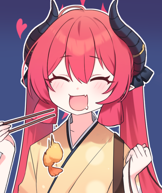 1girl blue_archive blue_background chopsticks closed_eyes food hair_between_eyes heart holding holding_chopsticks horns japanese_clothes junko_(blue_archive) junko_(new_year)_(blue_archive) kimono long_hair mimit_4 open_mouth outline pointy_ears redhead shrimp shrimp_tempura simple_background smile solo tempura twintails upper_body white_outline yellow_kimono