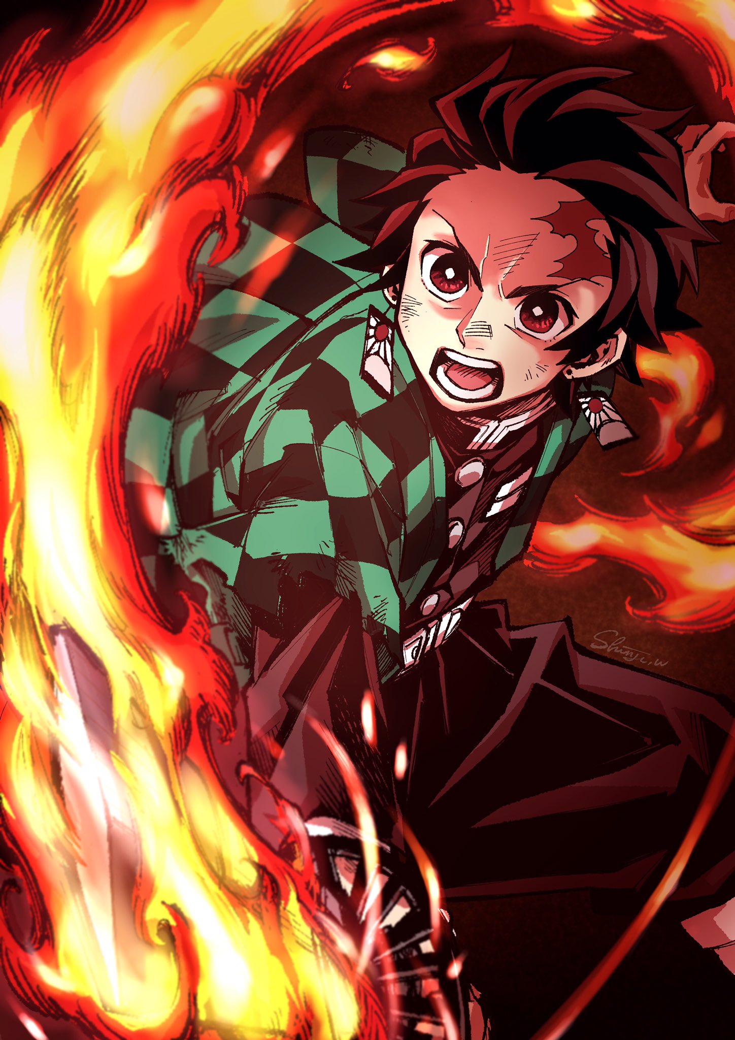 1boy black_pants brown_eyes brown_hair checkered_haori demon_slayer_uniform fire flaming_sword flaming_weapon furrowed_brow hanafuda_earrings highres kamado_tanjirou kimetsu_no_yaiba male_focus matsugi_zuntaro open_mouth pants scar scar_on_face scar_on_forehead solo