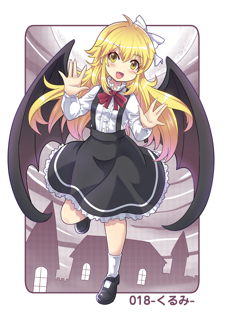 1girl bat_wings black_skirt blonde_hair bow colonel_aki commentary_request fang full_moon hair_bow hands_up kurumi_(touhou) long_hair looking_at_viewer moon open_mouth shirt skirt smile solo touhou translated white_shirt window wings yellow_eyes