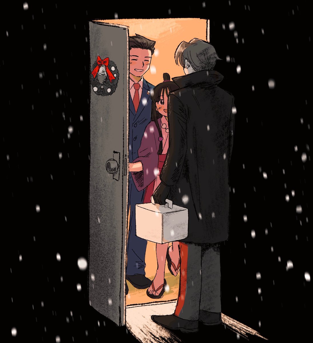 1girl 2boys ace_attorney black_hair blue_jacket blue_pants blush christmas_wreath closed_eyes coat formal grey_hair highres jacket japanese_clothes kimono long_hair long_sleeves looking_at_another maya_fey miles_edgeworth multiple_boys open_door open_mouth pants phoenix_wright pink_sash purple_jacket renshu_usodayo sash scarf shirt shoes short_hair short_kimono smile snowing spiky_hair standing suit white_shirt winter_clothes winter_coat