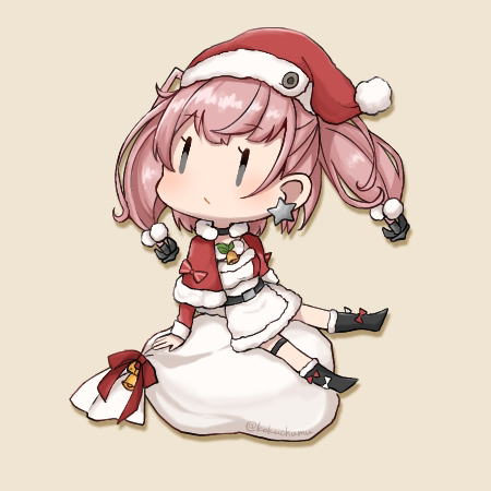 1girl atlanta_(kancolle) bell belt black_belt black_footwear blush boots brown_hair capelet chibi closed_mouth earrings full_body grey_eyes hat jewelry kamoku_nagi kantai_collection long_hair lowres neck_bell pom_pom_(clothes) red_capelet red_headwear sack santa_costume santa_hat simple_background single_earring sitting solo star_(symbol) star_earrings thigh_strap two_side_up yellow_background