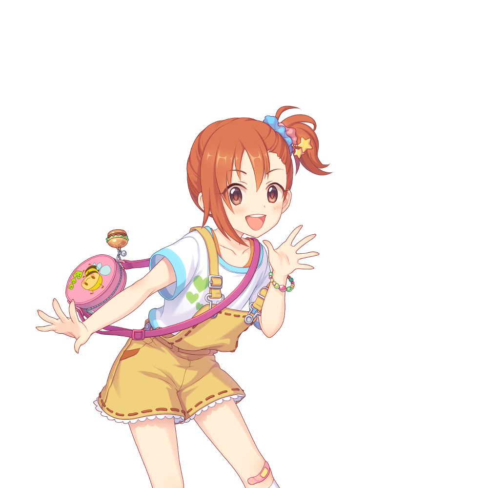 bag brown_eyes looking_ahead looking_at_viewer medium_hair misogi_(princess_connect!) misogi_(real)_(princess_connect!) official_art open_mouth orange_hair overalls princess_connect! shoulder_bag side_ponytail tachi-e transparent_background waving yellow_overalls