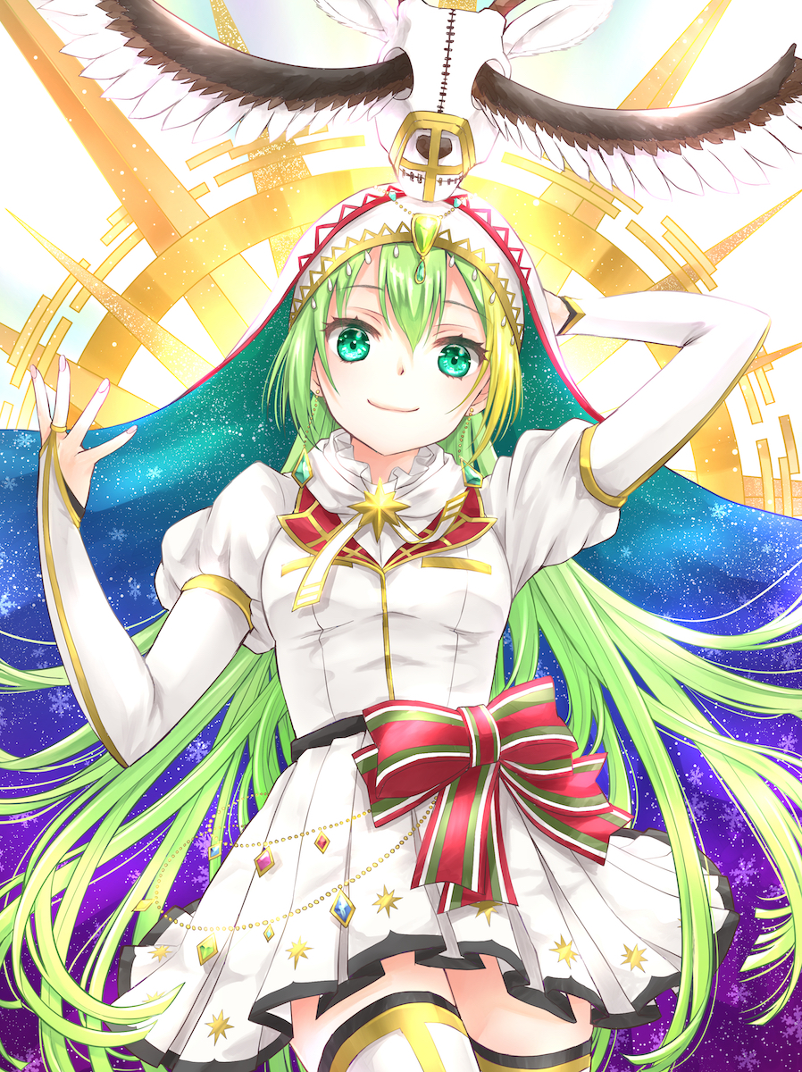 1girl alina_gray bangs bow closed_mouth dress earrings feathered_wings gem gloves green_eyes green_hair hair_between_eyes highres holy_alina jewelry long_hair long_sleeves looking_at_viewer magia_record:_mahou_shoujo_madoka_magica_gaiden magical_girl mahou_shoujo_madoka_magica multicolored_hair pleated_skirt puffy_sleeves red_bow riri_(ririwaldorf) sidelocks skirt smile solo streaked_hair thigh-highs veil very_long_hair white_skirt wings