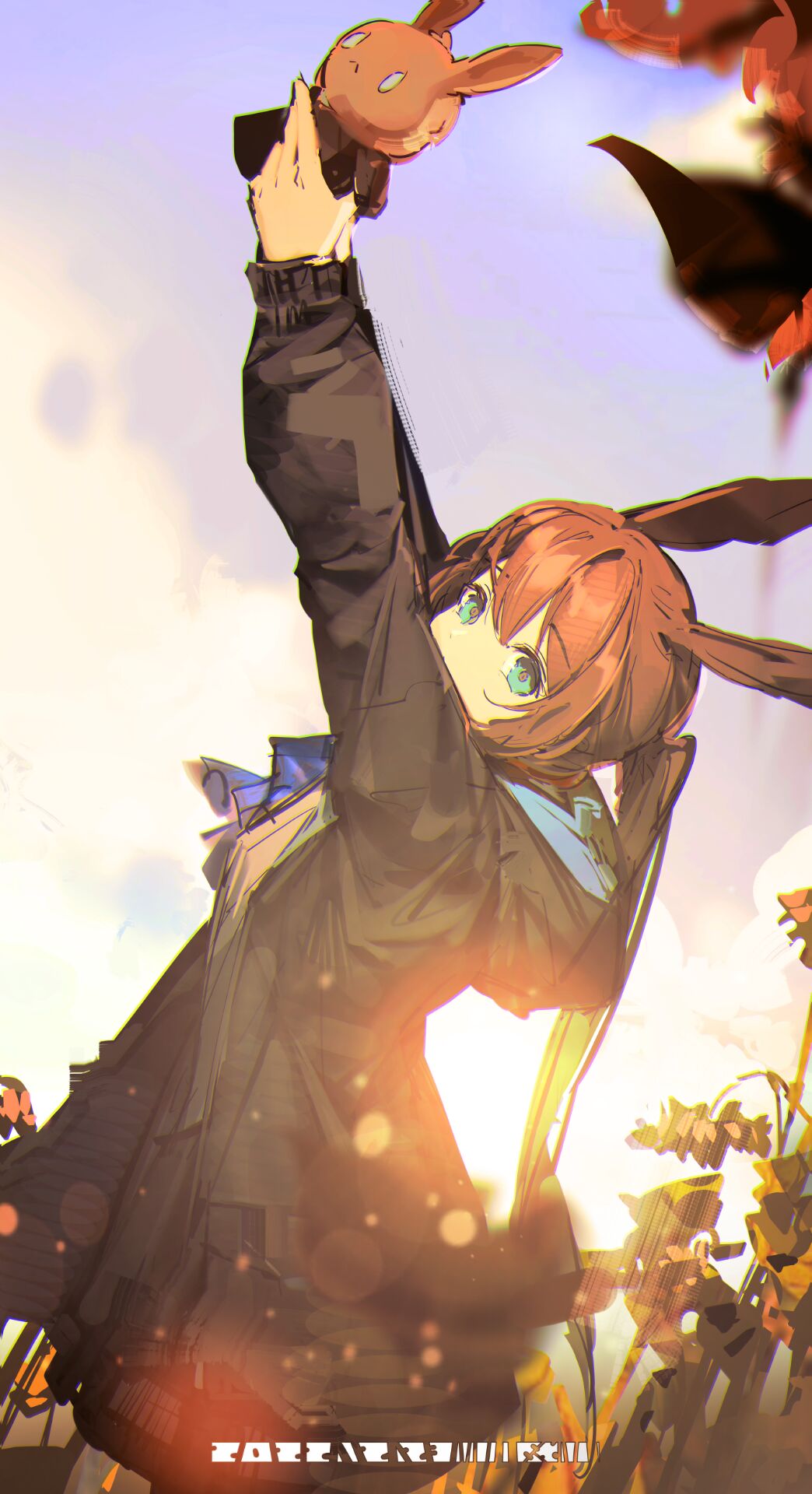 1girl amiya_(arknights) animal_ears arknights arms_up ascot black_jacket blue_ascot blue_eyes blue_sky brown_hair clouds cloudy_sky commentary_request dated hair_between_eyes highres hood hooded_jacket jacket lens_flare long_hair looking_at_viewer outdoors ponytail qiumoyixing rabbit_ears sky solo standing stuffed_animal stuffed_toy very_long_hair wheat