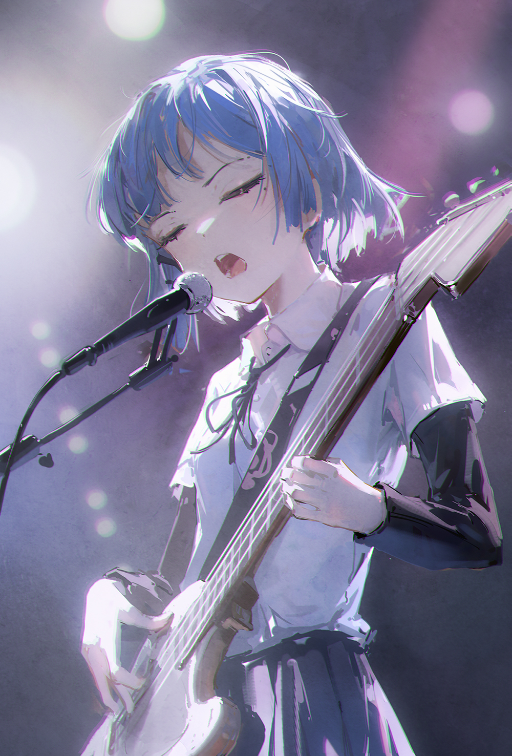 1girl bangs bass_guitar black_bow black_bowtie black_ribbon black_shirt black_skirt blue_hair blurry blurry_background bocchi_the_rock! bow bowtie breasts buttons closed_eyes collared_shirt concert dino_(dinoartforame) electric_guitar english_commentary fender_precision_bass guitar hair_between_eyes hair_ornament hairpin hands_up highres holding holding_instrument instrument lens_flare light long_sleeves microphone microphone_stand mole mole_under_eye music neck_ribbon open_mouth playing_instrument pleated_skirt ribbon school_uniform shirt shirt_tucked_in short_hair short_sleeves simple_background singing skirt small_breasts solo stage_lights standing upper_body white_shirt yamada_ryou