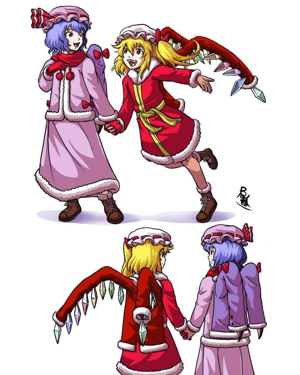blonde_hair blue_hair brown_footwear buhbuhbored dress flandre_scarlet gloves highres non-web_source purple_dress purple_headwear red_dress red_eyes red_gloves red_ribbon red_scarf remilia_scarlet ribbon scarf short_hair side_ponytail touhou white_background white_headwear wings winter_clothes