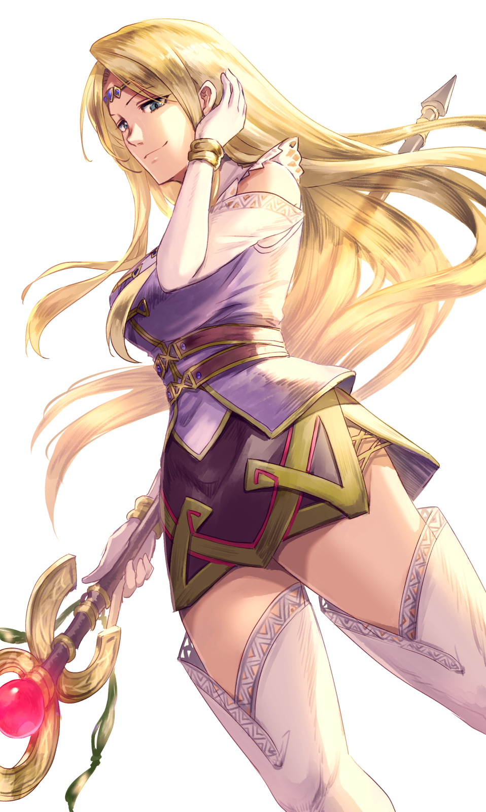 1girl blonde_hair gloves gold_trim highres jewelry long_hair miniskirt mystina_(valkyrie_profile) shumizoku skirt solo_focus staff thigh-highs valkyrie_profile white_background zettai_ryouiki