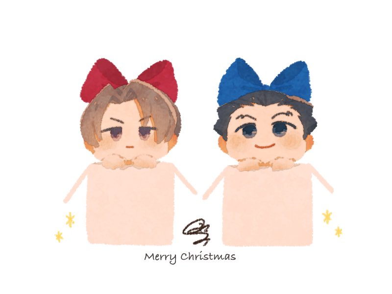 2boys ace_attorney black_hair blue_bow bow box cardboard_box chibi closed_mouth grey_eyes grey_hair hair_bow in_box in_container kurutsumi_(cl2mi_310) looking_at_viewer male_focus merry_christmas miles_edgeworth multiple_boys phoenix_wright red_bow short_hair smile sparkle