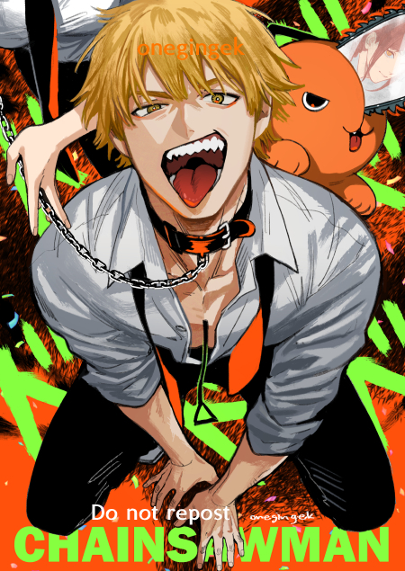 1boy 1girl animal_collar artist_name bangs blonde_hair chain chainsaw chainsaw_man collar copyright_name denji_(chainsaw_man) kanapy kneeling looking_at_viewer makima_(chainsaw_man) necktie open_mouth pochita_(chainsaw_man) redhead reflection sharp_teeth shirt short_hair teeth tongue tongue_out white_shirt yellow_eyes