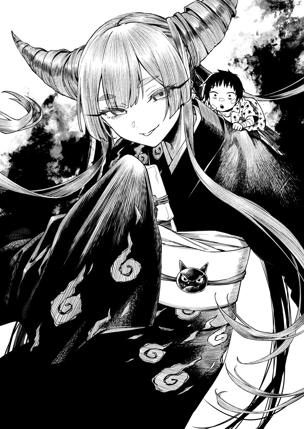 1boy 1girl ayashimon bangs floating_hair greyscale hair_horns highres ice_reizou japanese_clothes kaido_maruo kimono long_hair long_sleeves looking_at_viewer monochrome obi parted_lips sash sleeves_past_wrists thick_eyebrows urara_(ayashimon)