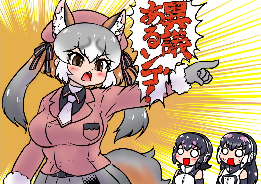 3girls ace_attorney african_penguin_(kemono_friends) animal_ear_fluff animal_ears bare_shoulders belt black_hair blazer edamamezooooo elbow_gloves extra_ears fox_ears fox_girl fox_tail gloves grey_eyes grey_hair hat humboldt_penguin_(kemono_friends) island_fox_(kemono_friends) jacket kemono_friends kemono_friends_v_project long_hair microphone multicolored_hair multiple_girls necktie open_mouth orange_hair parody penguin_girl ribbon shirt short_hair sleeveless sleeveless_shirt tail virtual_youtuber