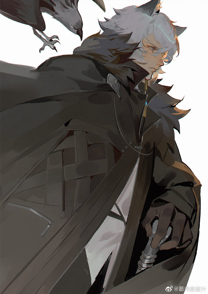 1boy animal_ear_fluff animal_ears arknights bird black_cape black_gloves cape closed_mouth frown fur-trimmed_cape fur_trim gloves grey_eyes grey_hair hair_between_eyes hand_on_hilt jinrouguguzhi leopard_ears looking_ahead male_focus profile shirt silverash_(arknights) simple_background solo tenzin_(arknights) third-party_source upper_body weibo_logo weibo_username white_background white_shirt