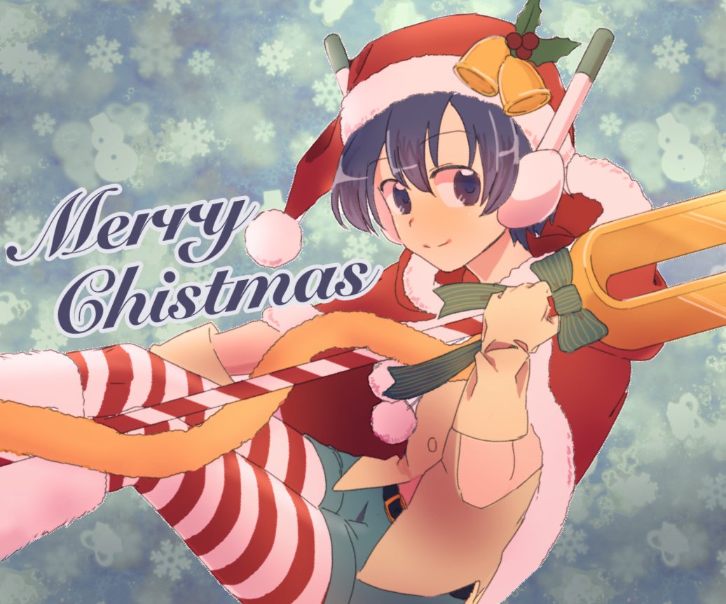 1boy belt blue_eyes christmas closed_mouth fur_trim hat leg_warmers looking_at_viewer male_focus merry_christmas robot_ears rusinomob santa_hat smile snowflakes solo star_ocean star_ocean_the_second_story striped striped_thighhighs thigh-highs weapon zadkiel_(star_ocean)