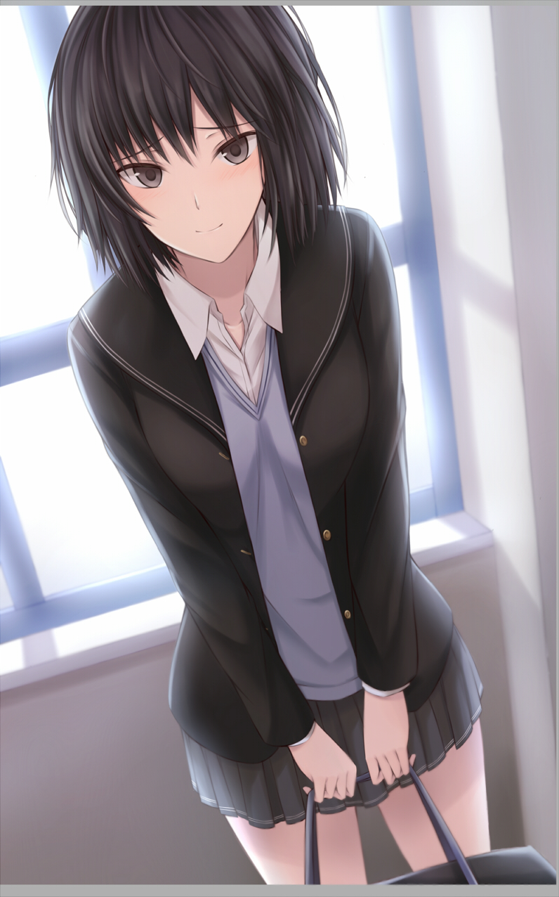 1girl amagami backlighting bag bangs black_cardigan black_hair black_sailor_collar black_skirt blush brown_eyes cardigan closed_mouth collarbone commentary cowboy_shot dress_shirt dutch_angle grey_sweater hair_between_eyes highres holding holding_bag indoors kanpyou_(hghgkenfany) kibito_high_school_uniform letterboxed looking_at_viewer nanasaki_ai open_cardigan open_clothes pleated_skirt raised_eyebrows sailor_collar school_bag school_uniform shirt short_hair skirt smile solo sweater v_arms white_shirt window