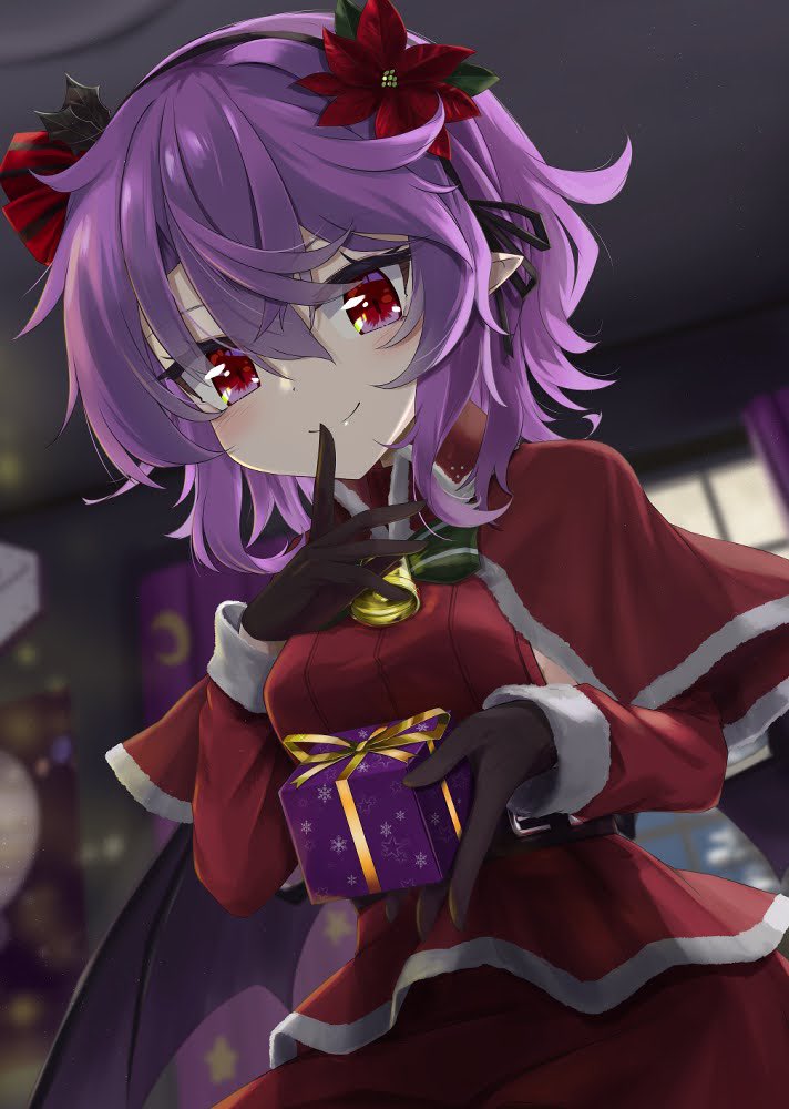 1girl akisome_hatsuka bangs bat_wings bell black_gloves black_hairband black_wings blurry blurry_background box capelet closed_mouth curtains flower gift gift_box gloves hair_flower hair_ornament hairband holding holding_gift holly indoors long_sleeves looking_at_viewer neck_bell pointy_ears purple_hair red_capelet red_eyes red_flower red_shirt remilia_scarlet shirt short_hair smile solo touhou wings