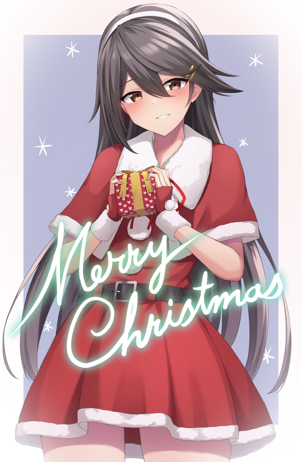 1girl akahi242 belt black_belt black_hair blush box brown_eyes capelet cowboy_shot fingerless_gloves gift gift_box gloves hair_between_eyes hair_ornament hairband hairclip haruna_(kancolle) highres holding holding_gift kantai_collection long_hair merry_christmas open_mouth pom_pom_(clothes) red_capelet red_gloves santa_costume smile solo white_hairband