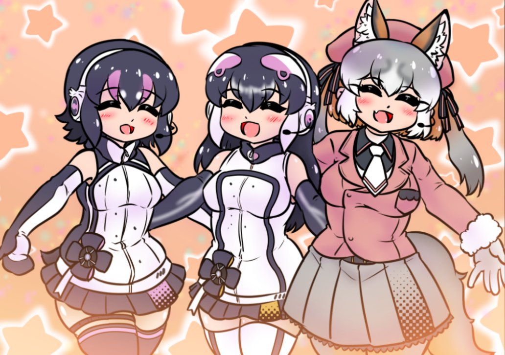 3girls african_penguin_(kemono_friends) animal_ear_fluff animal_ears bare_shoulders belt black_hair blazer edamamezooooo elbow_gloves extra_ears fox_ears fox_girl fox_tail gloves grey_hair hat humboldt_penguin_(kemono_friends) island_fox_(kemono_friends) jacket kemono_friends kemono_friends_v_project kneehighs long_hair microphone multicolored_hair multiple_girls necktie open_mouth orange_hair pantyhose penguin_girl penguin_tail shirt short_hair skirt sleeveless sleeveless_shirt smile socks tail twintails virtual_youtuber